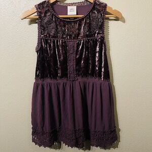 Knox Rose Top Crushed Velvet Floral Embroidery & Lace Purple Plum Women's Size S